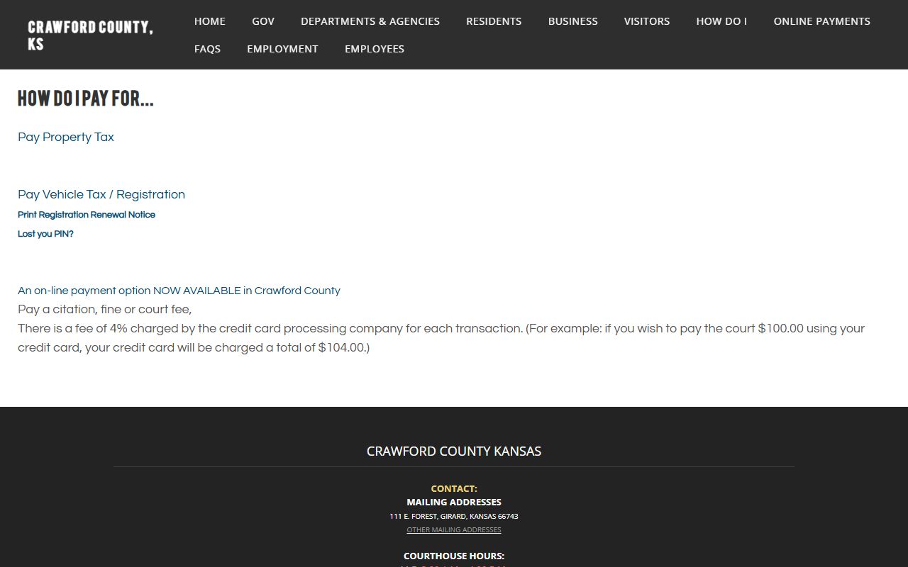 Crawford County Clerk of the District Court court fee payment page