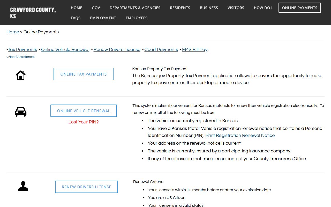 Crawford County Clerk of the District Court online payments page