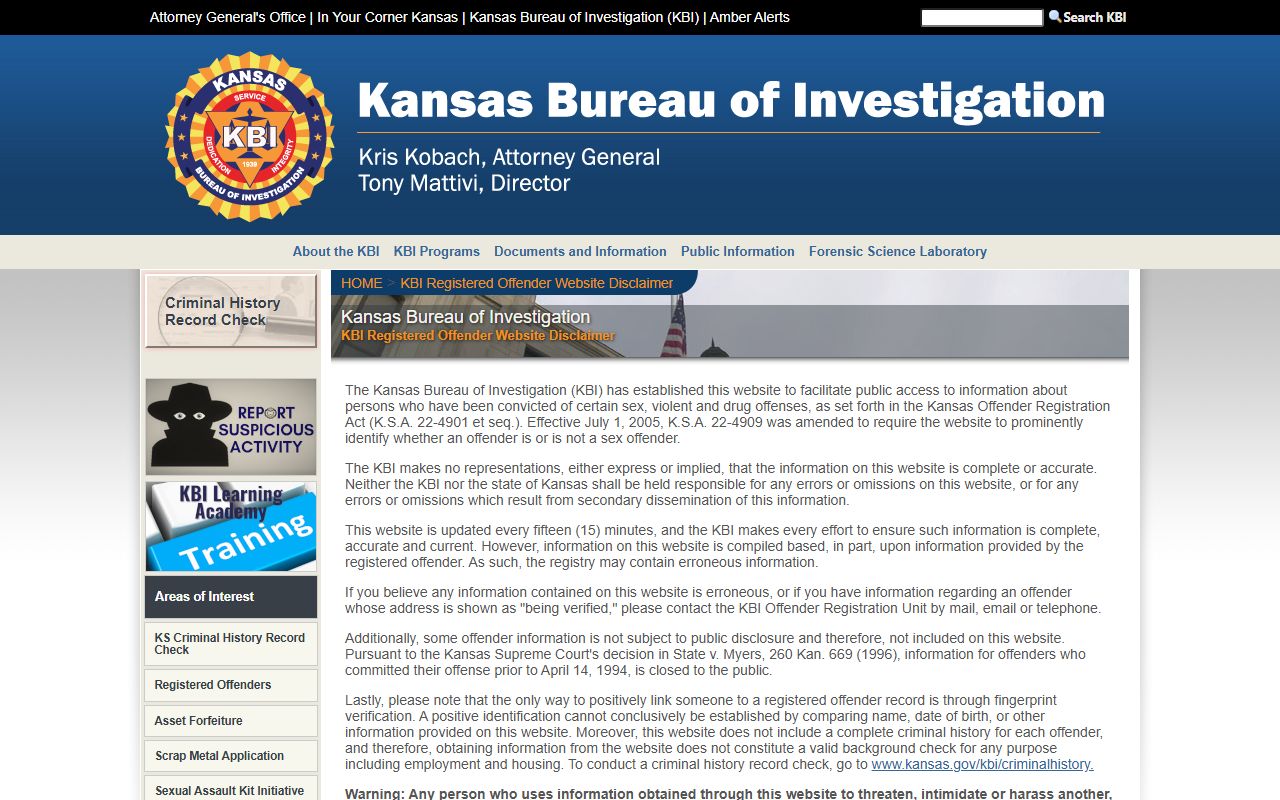 Kansas Bureau of Investigation registered offender search entry