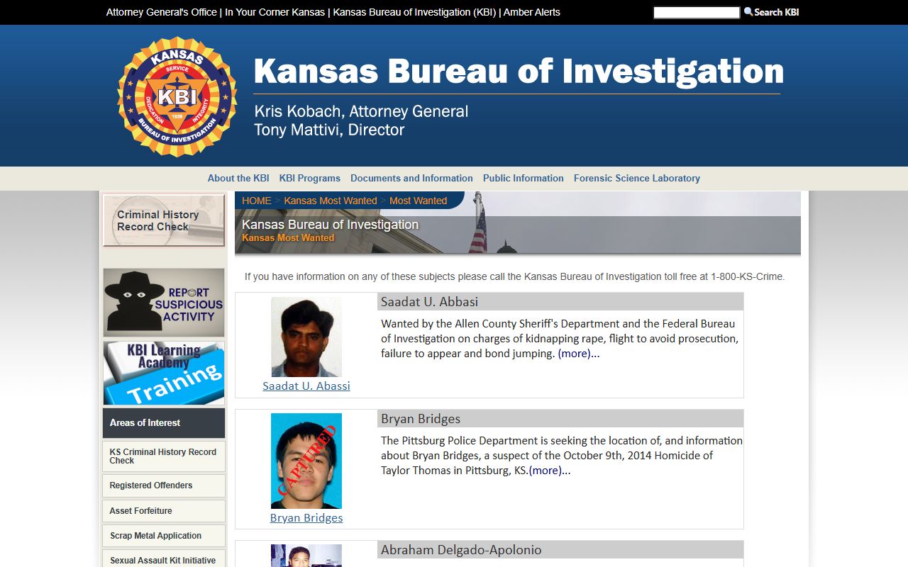 Kansas Bureau of Investigation Kansas Most Wanted page