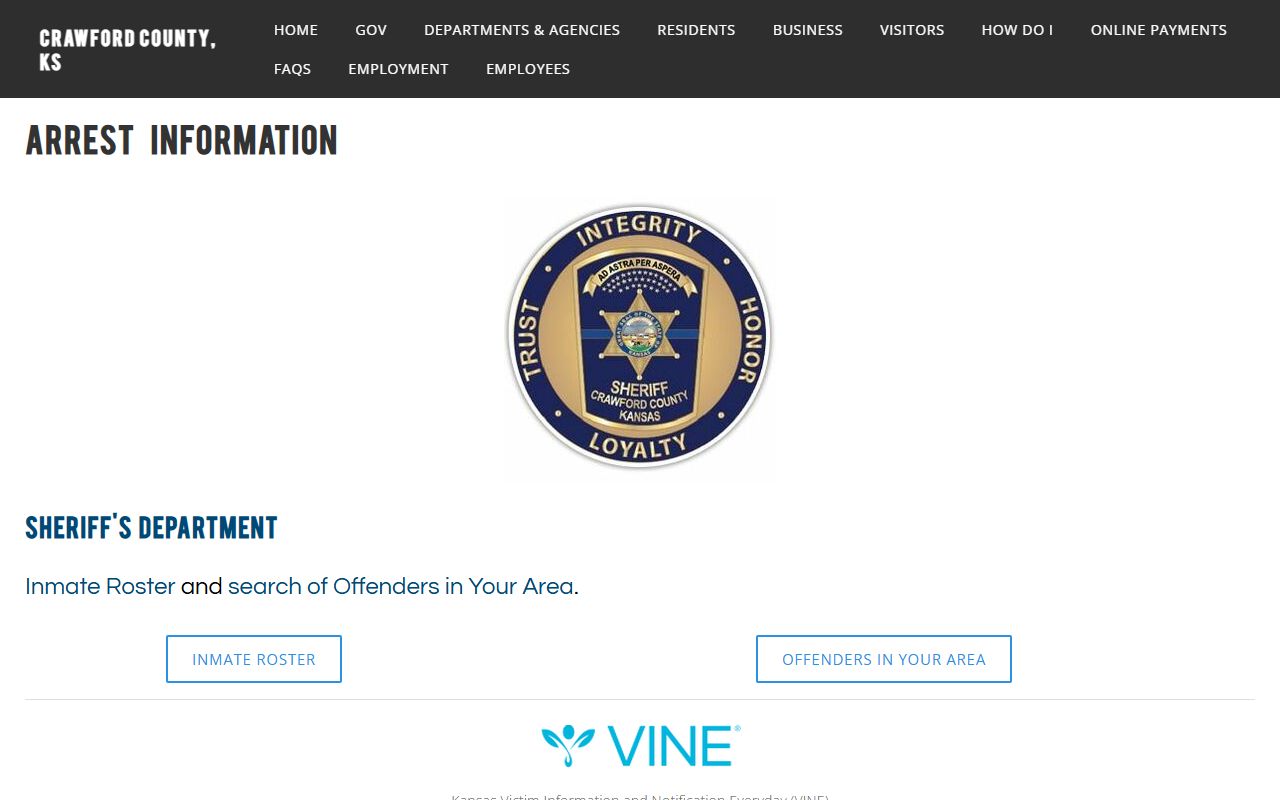 Crawford County arrest information page with jail and offender links