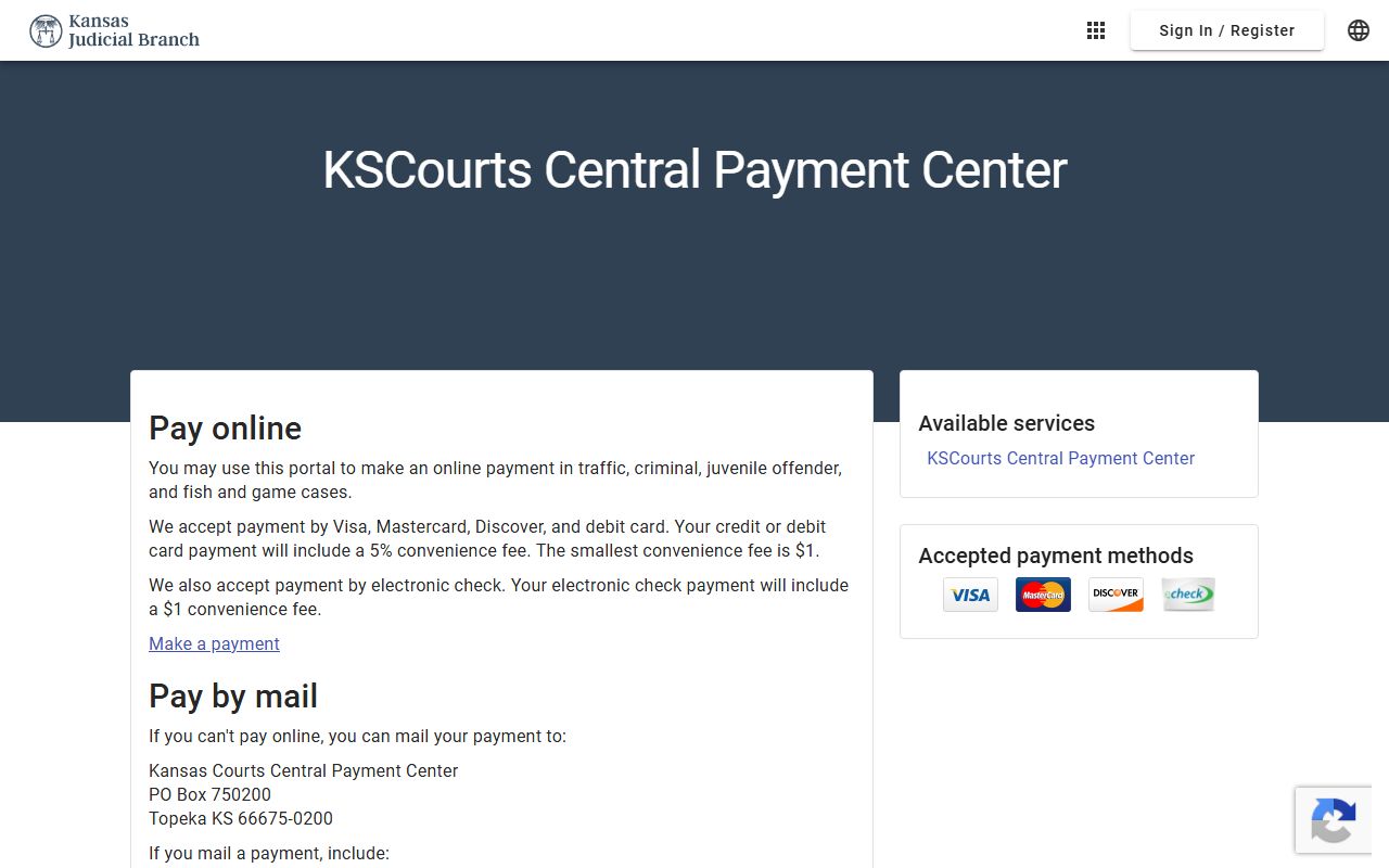 Kansas Central Payment Center landing page for court payments