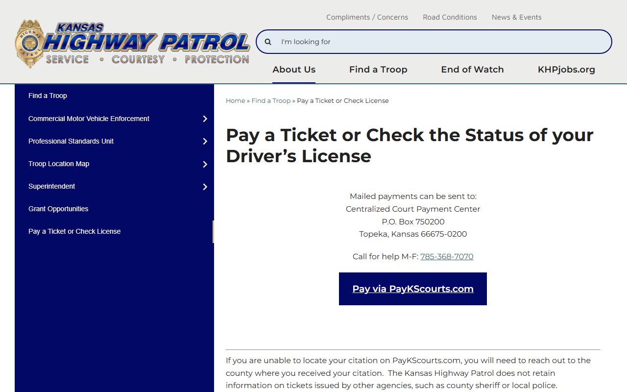 Kansas Highway Patrol court payment and license guidance page