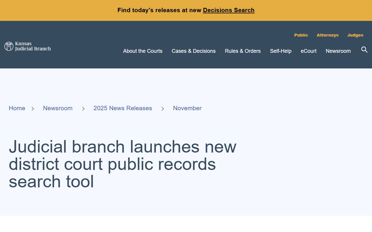 Kansas Judicial Branch CaseSearch launch announcement for district court public access