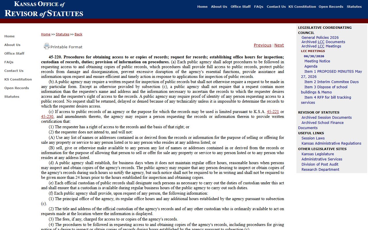 K.S.A. 45-220 public record access procedure page