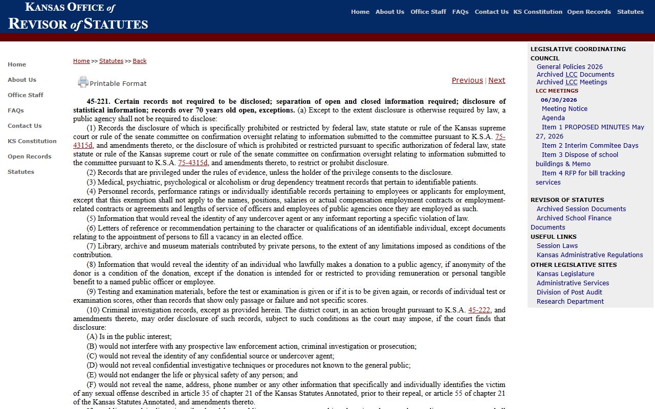 K.S.A. 45-221 public record exceptions page