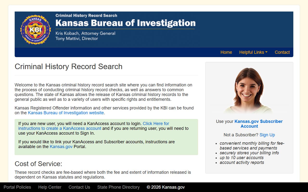 Kansas criminal history record search page