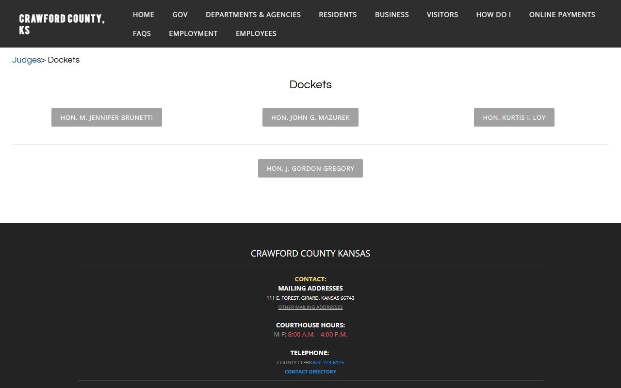 Crawford County court records docket page with District Court hearing calendars