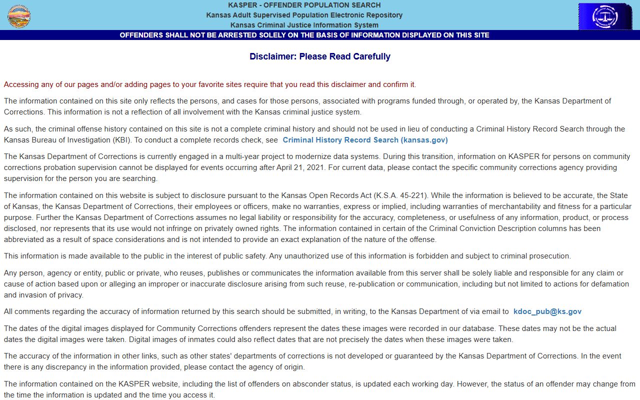 Crawford County warrant records KDOC KASPER search disclaimer